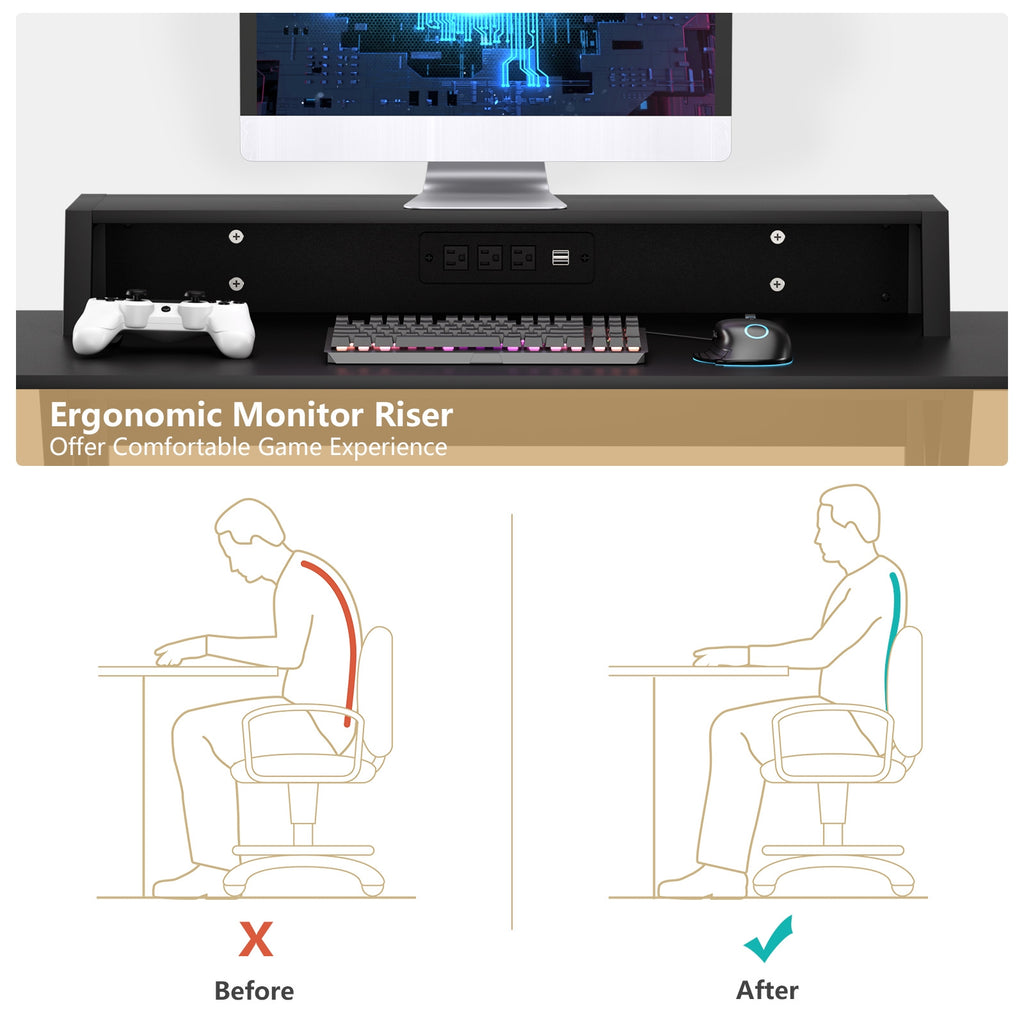 Gaming Desk with Monitor Shelf, Cup & Headphone Holder