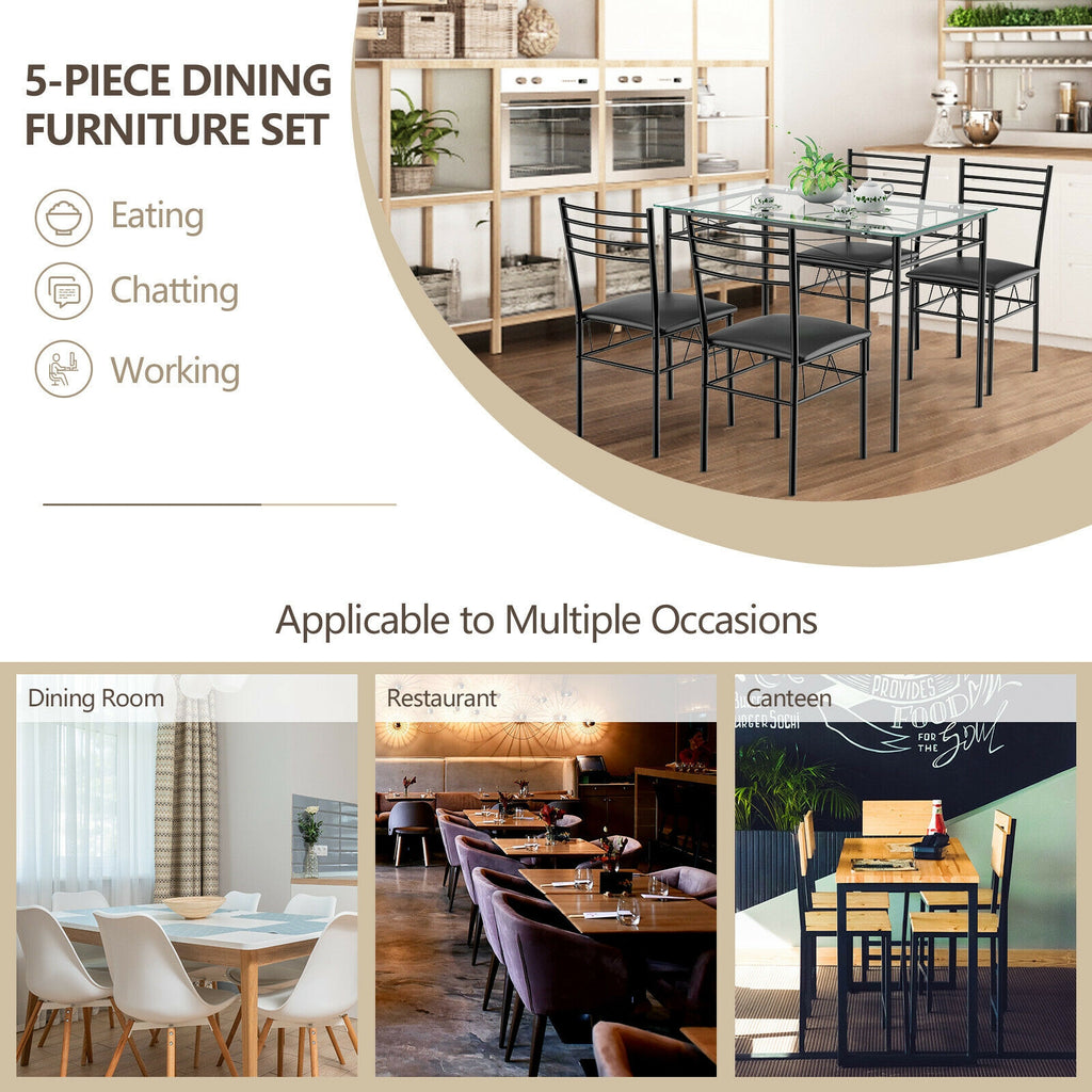 5-Piece Dining Set with Tempered Glass Top Table and 4 Upholstered Chairs