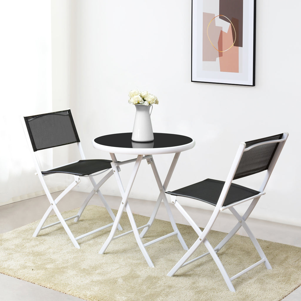 3-Piece Patio Bistro Set with Folding Chairs & Glass Table - Black Textile