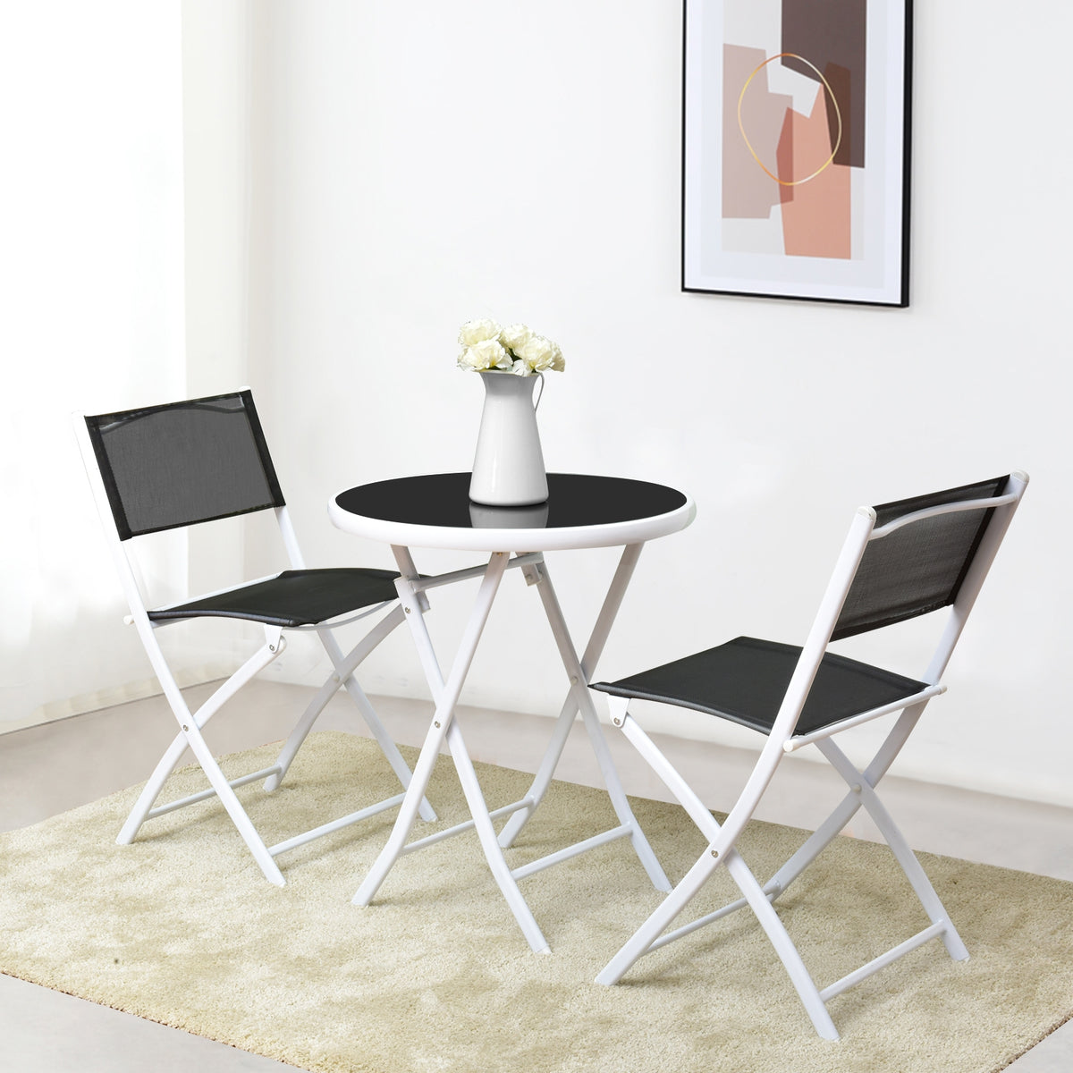 3-Piece Patio Bistro Set with Folding Chairs & Glass Table - Black Textile