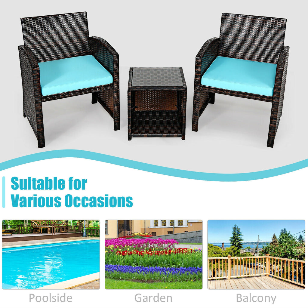3 Pieces PE Rattan Wicker Furniture Set with Cushion Sofa Coffee