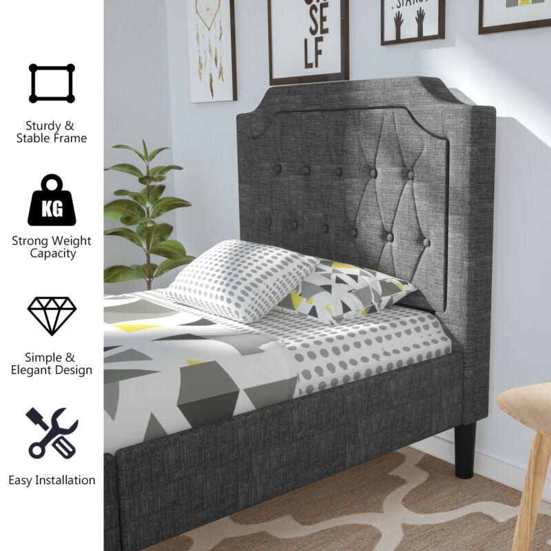 Twin Upholstered Platform Bed with Button-Tufted Headboard