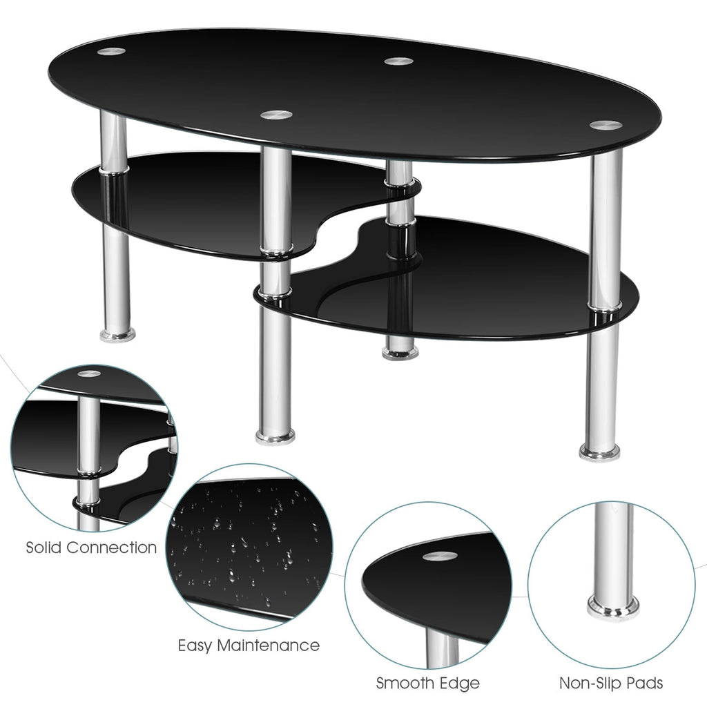 Tempered Glass Oval Coffee Table with Storage – Black