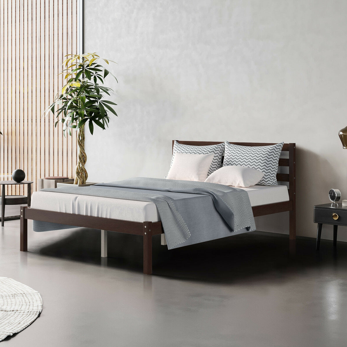 Full Size Bed Frame with Wooden Headboard & Slat Support