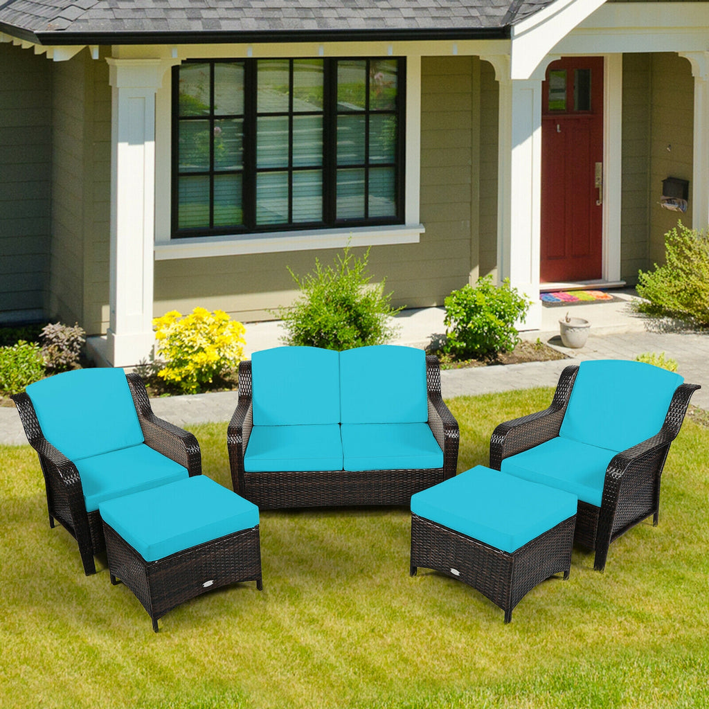 5 Pieces Patio Rattan Sofa Set with Cushion and Ottoman