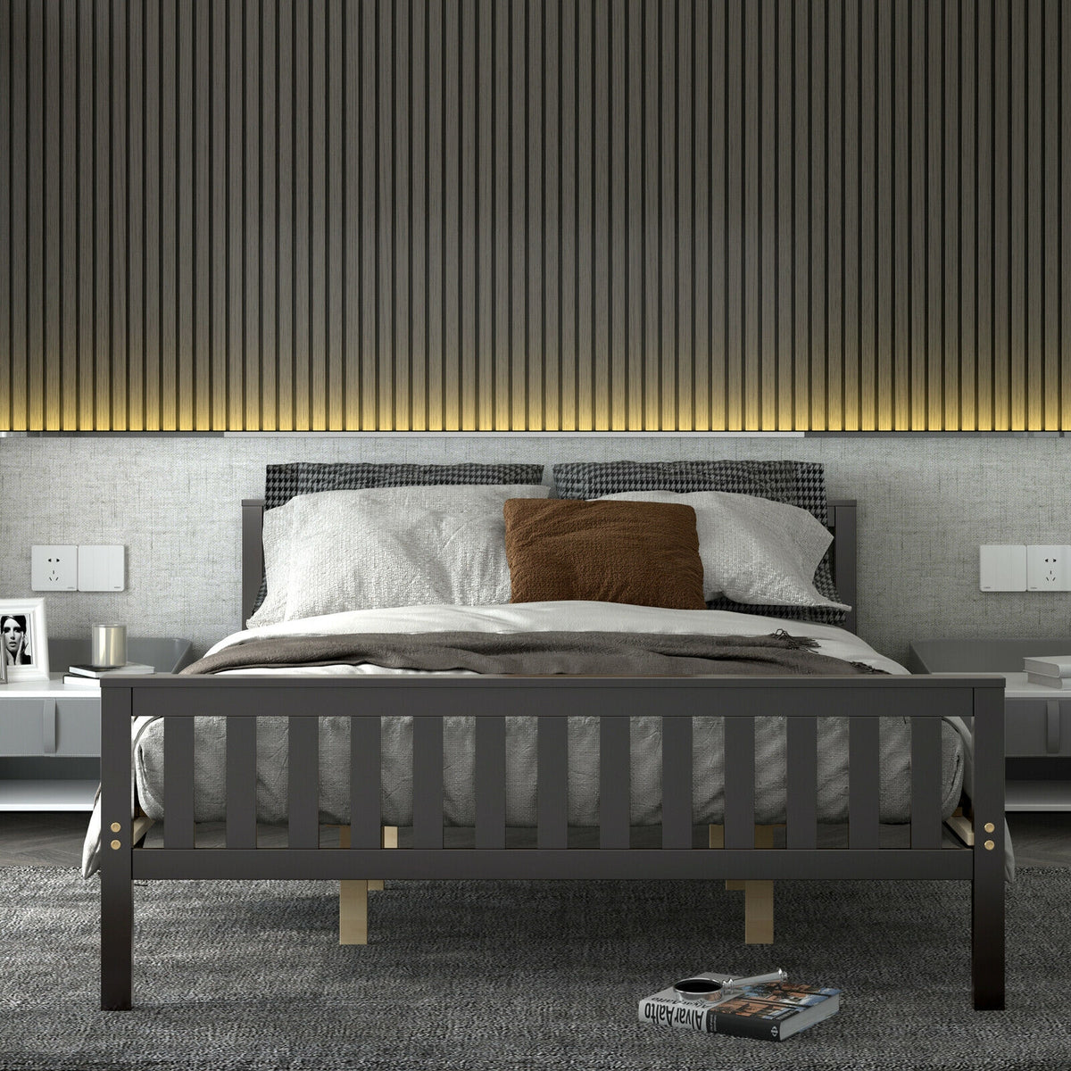 Wood Platform Bed with Headboard – Queen Size
