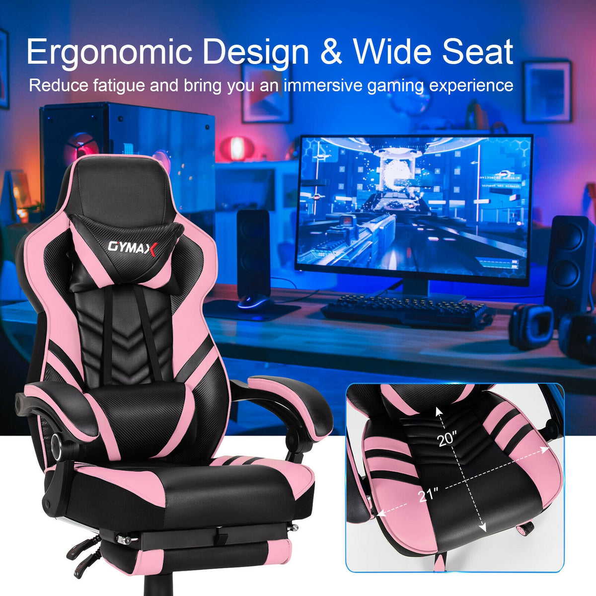 Adjustable Gaming Chair with Footrest, Pink