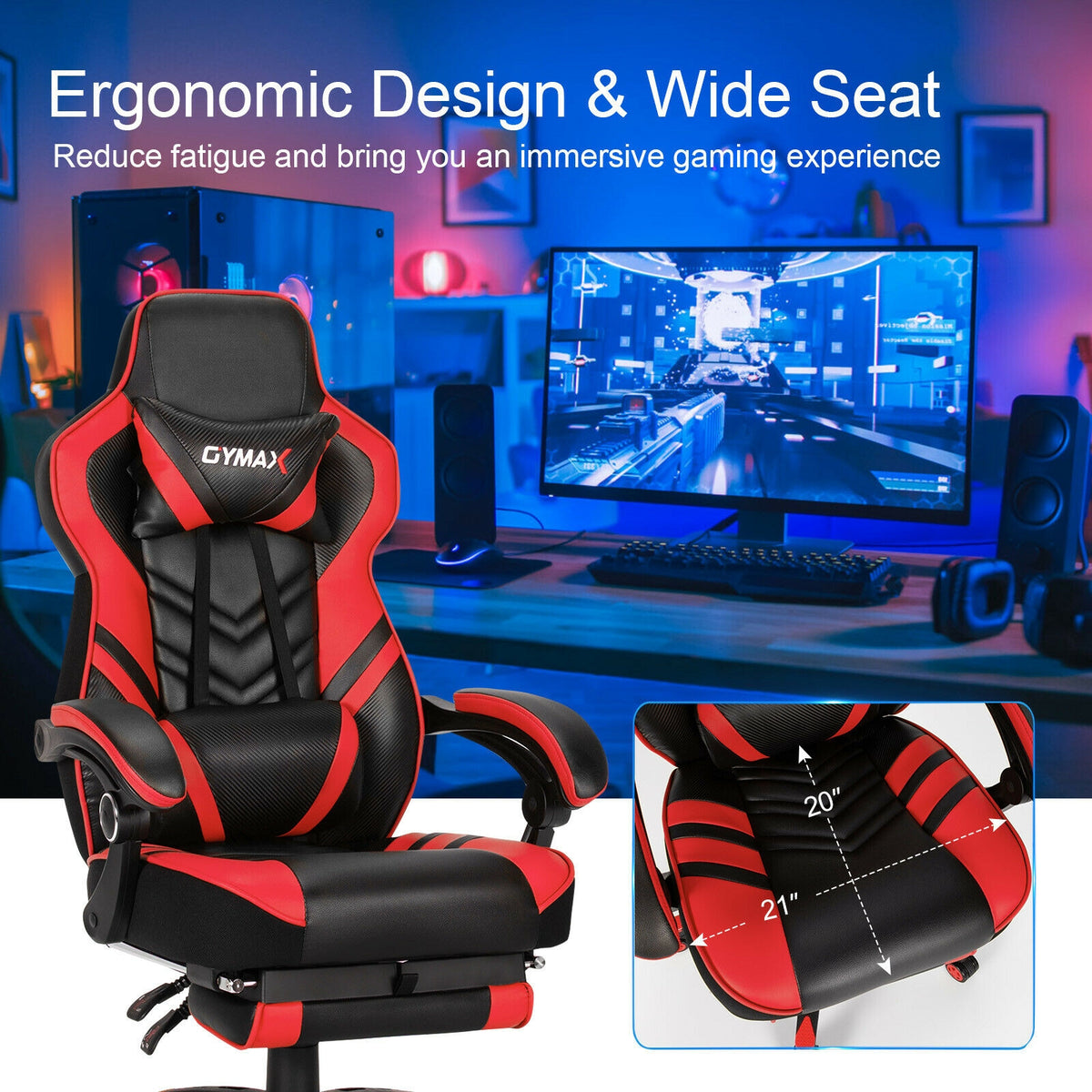 Adjustable Gaming Chair with Footrest, Red