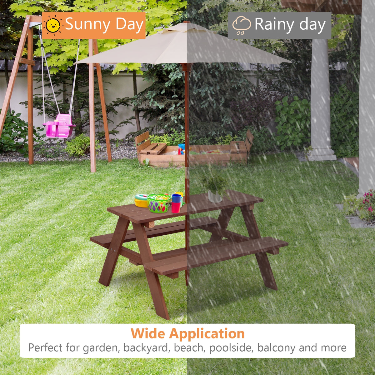 Kids Picnic Table Set with Removable Umbrella - Brown, 4 Seats