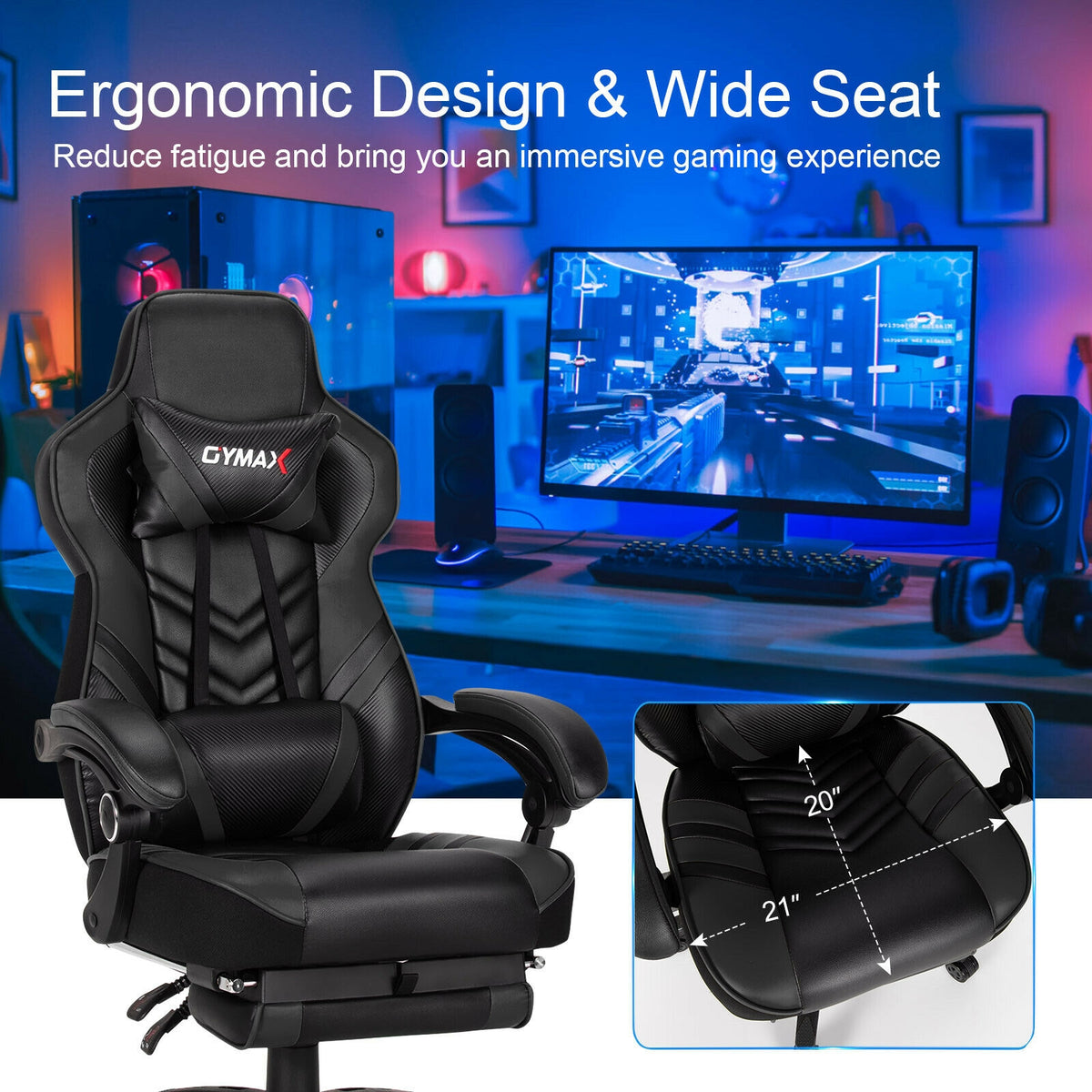 Adjustable Gaming Chair with Footrest, Black