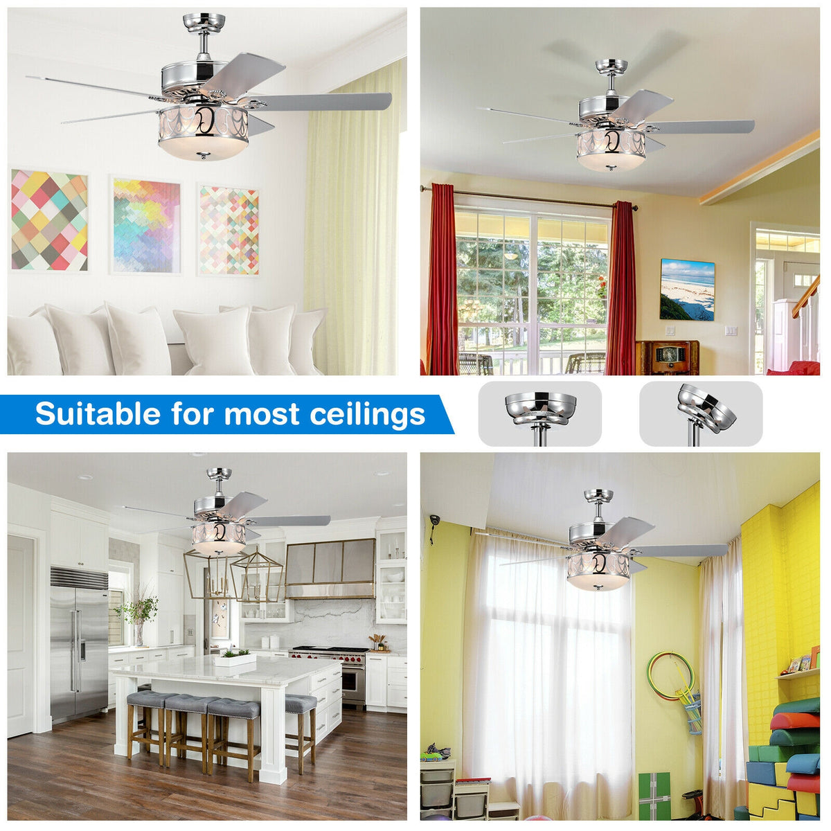 52-Inch Ceiling Fan with Light Reversible Blades and Remote Control - Silver