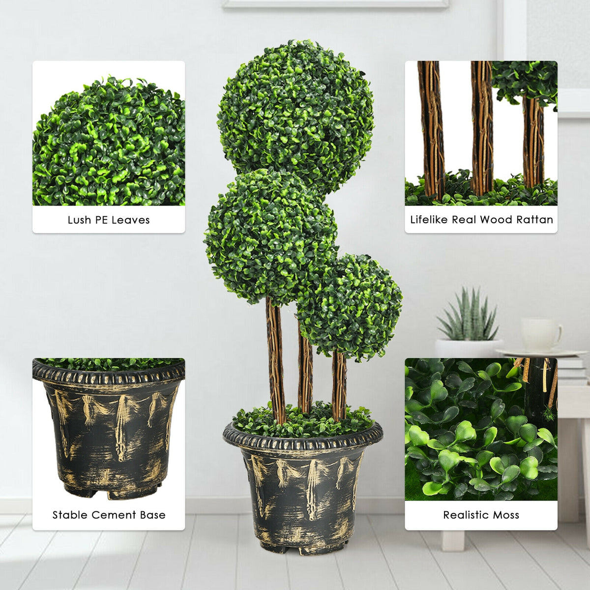 36-Inch Artificial Topiary Triple Ball Tree for Indoor & Outdoor Decor - Realistic Green Leaves