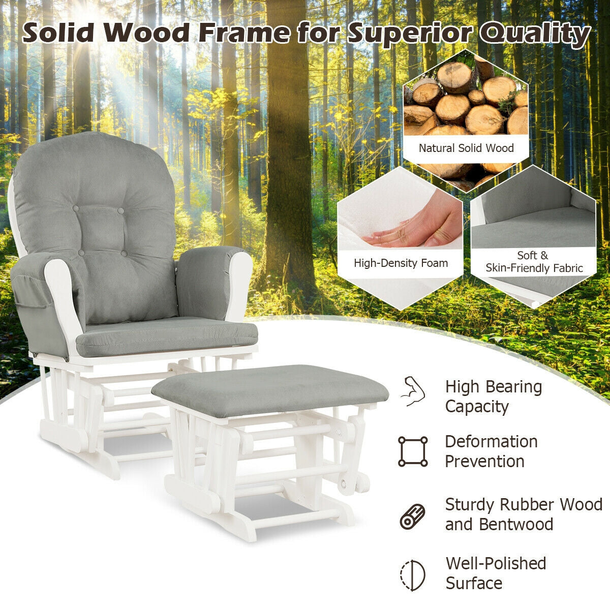 Wood Glider and Ottoman Set with Storage Pocket - Light Gray