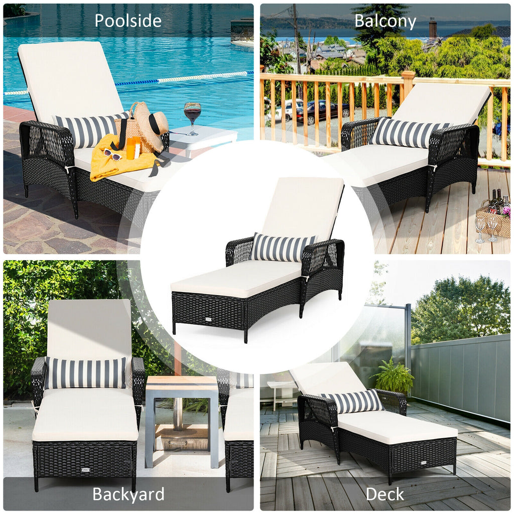 Patio Wicker Chaise Lounge Chair with Pillow and Adjustable Backrest