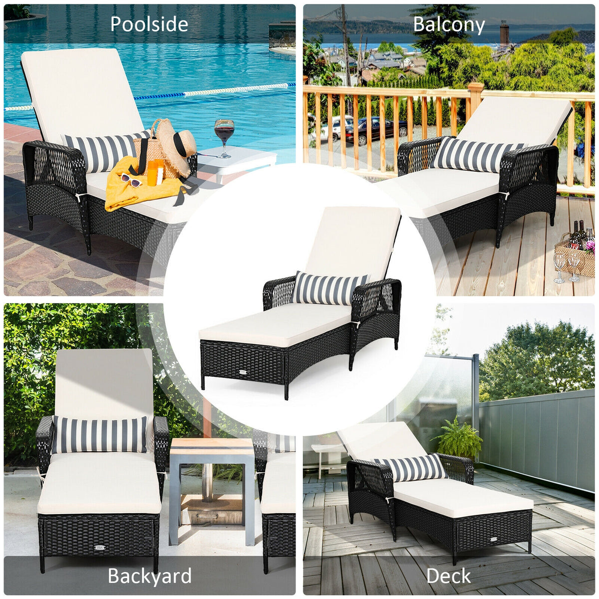 Patio Wicker Chaise Lounge Chair with Pillow and Adjustable Backrest
