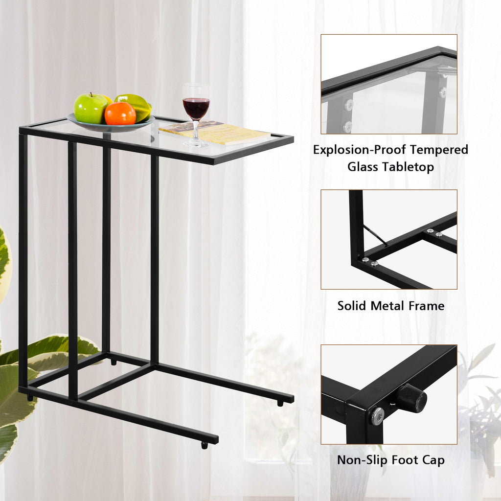 Glass Top End Table - Sofa Side Table with Steel Frame