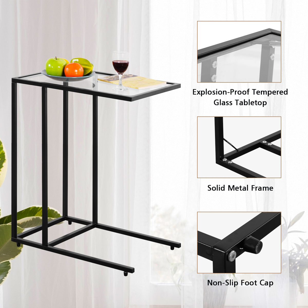 Glass Top End Table - Sofa Side Table with Steel Frame