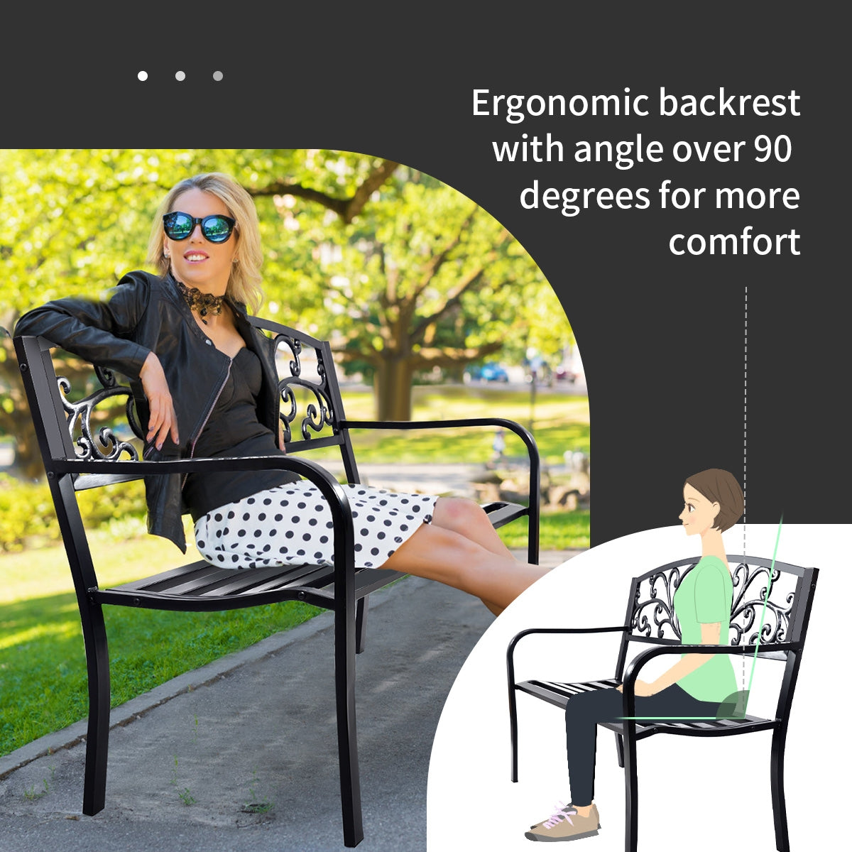 50-Inch Patio Park Bench, Steel Frame & Cast Iron Backrest - Style 2