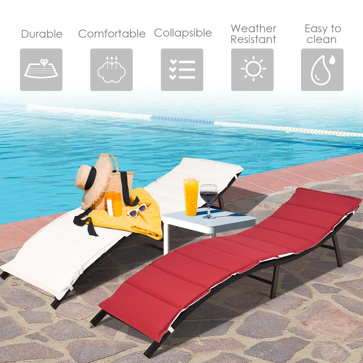 Folding Patio Lounge Chair with Wicker - Red