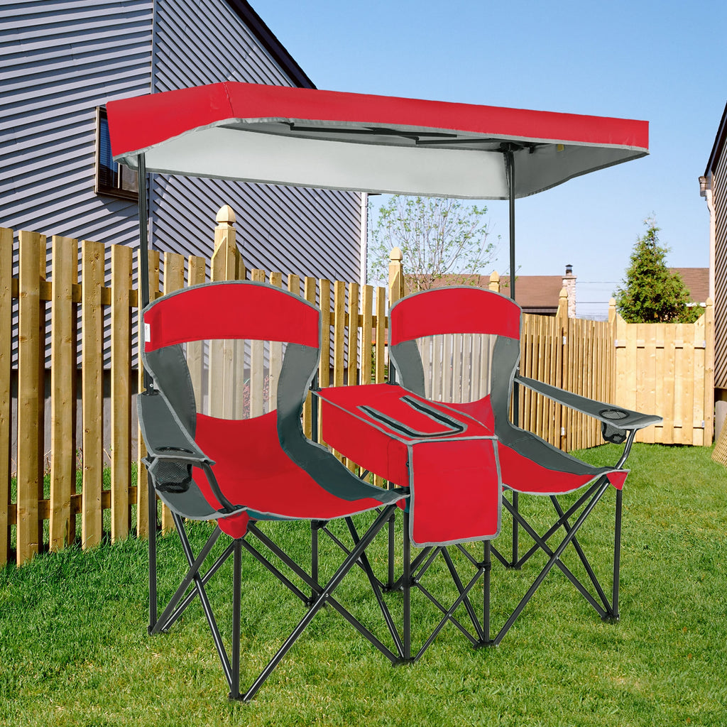 Portable Folding Camping Chair with Canopy & Cup Holder - Red