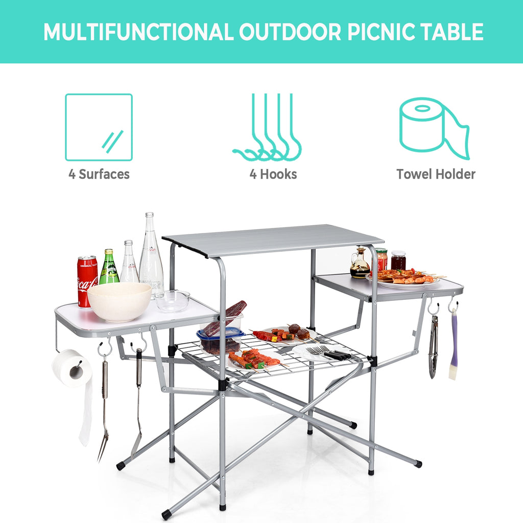 Foldable Outdoor BBQ Grilling Table with 2 Side Tables