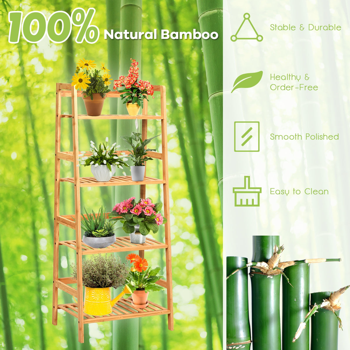 4-Tier Bamboo Plant Rack with Guardrails - Natural