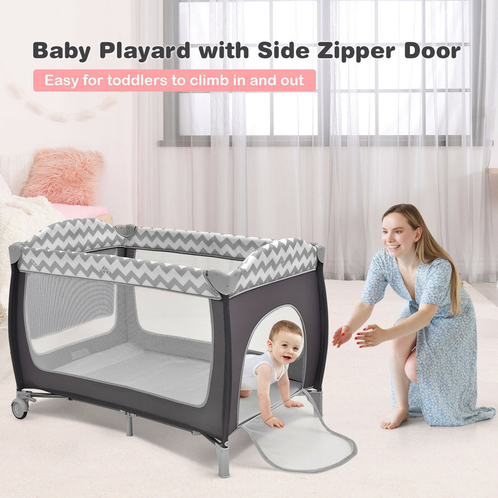 3-in-1 Portable Baby Playard with Zippered Door and Toy Bar - Blue Variation