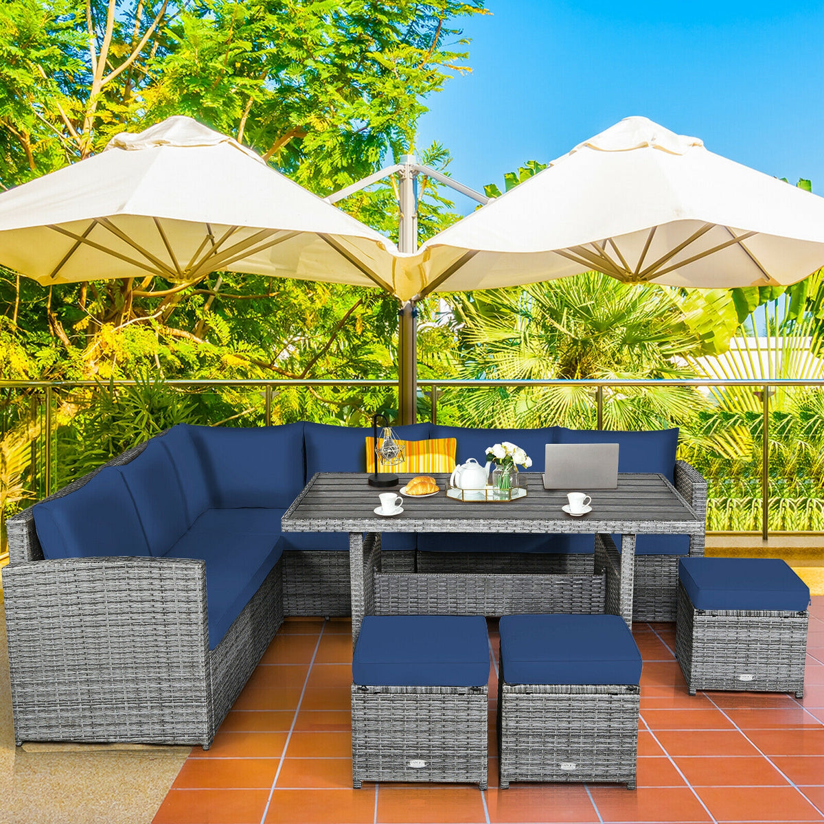 7-Piece Outdoor Wicker Sectional Sofa Set with Dining Table - Navy