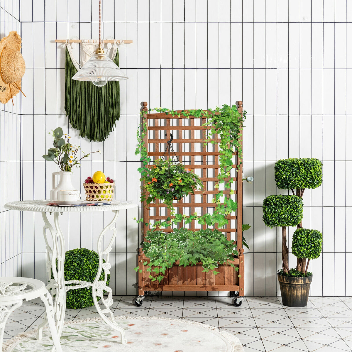50 Inch Wood Planter Box with Trellis Mobile Raised Bed for Climbing