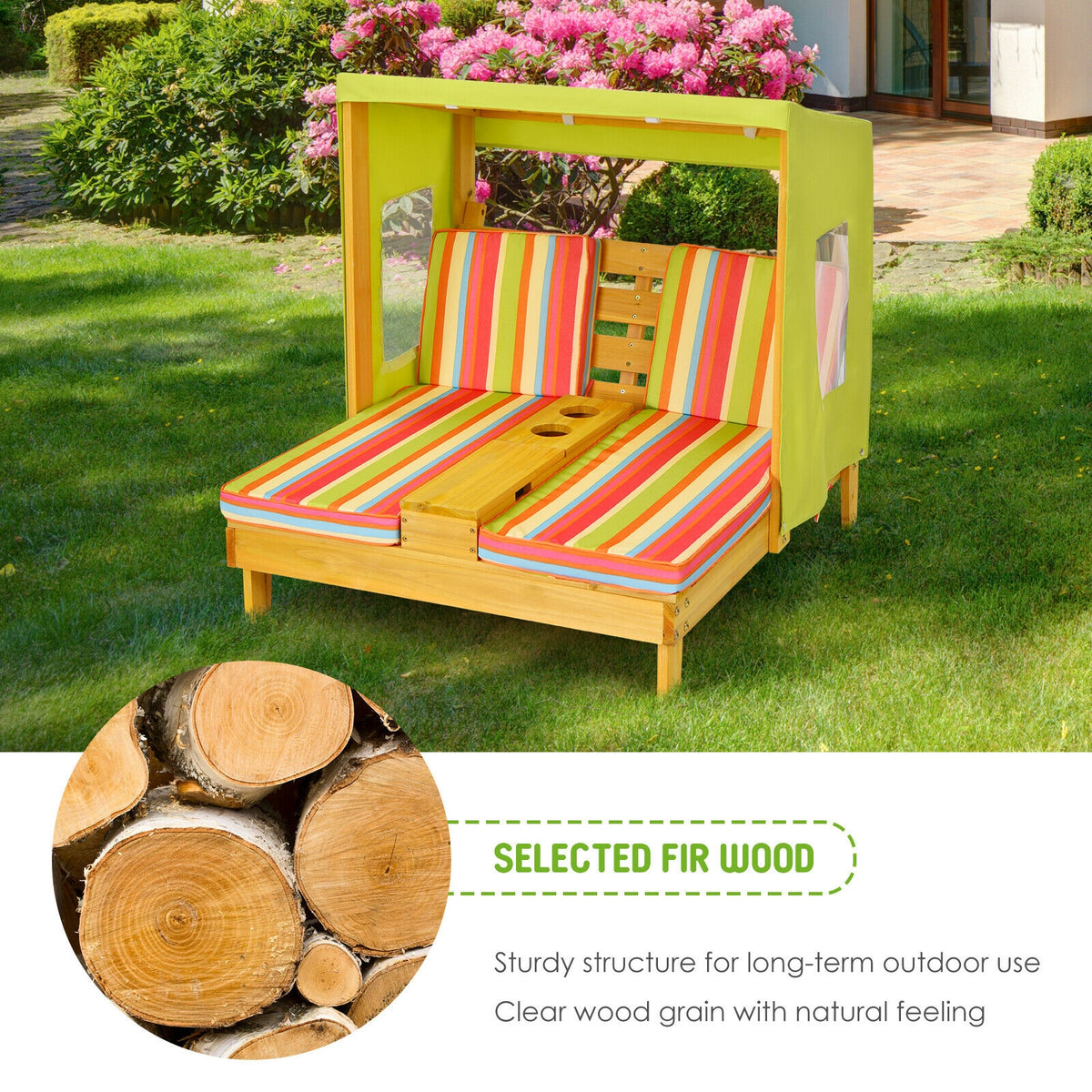 Kids Patio Lounge Chair with Cup Holders & Awning - Multicolor - for Children 3-8