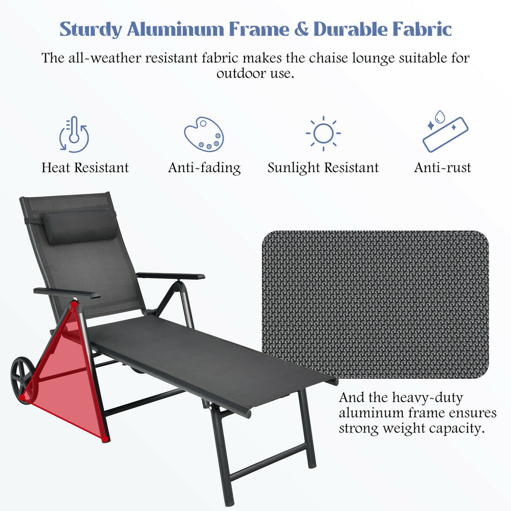Patio Lounge Chair with Wheels Neck Pillow Aluminum Frame Adjustable