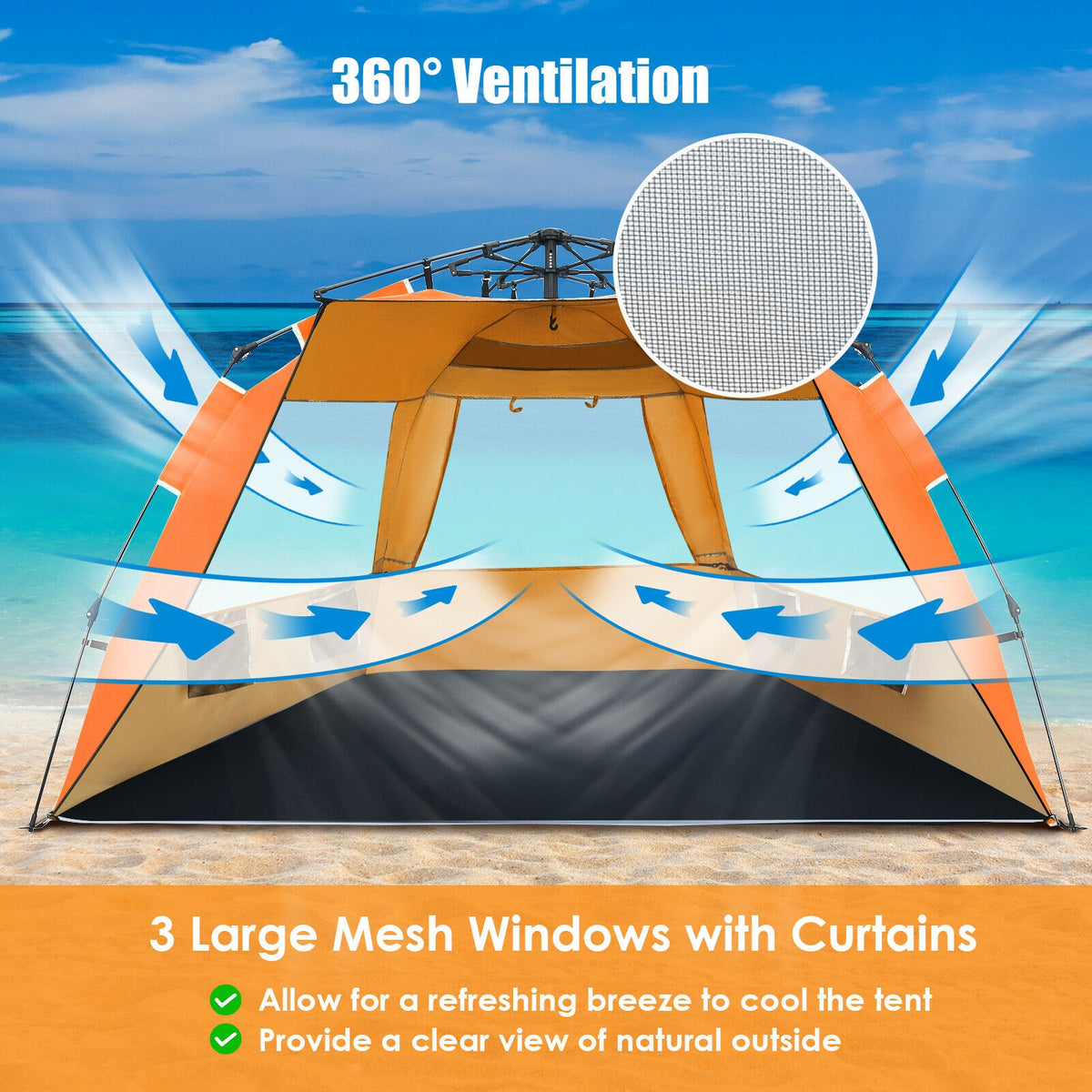 Pop-Up Beach Tent 3-4 Person UPF 50+ Sun Shelter – Orange