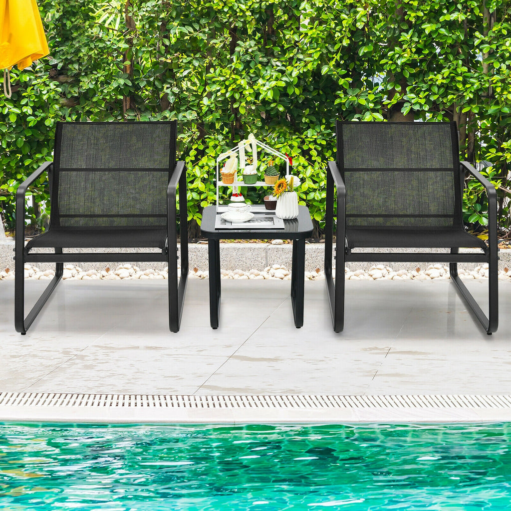 3 Pieces Patio Bistro Furniture Set with Glass Top Table Garden Deck