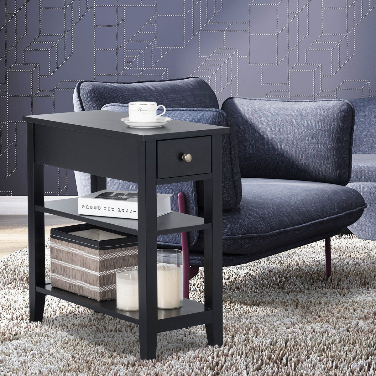 3-Tier End Table with Drawer and Shelves - Black
