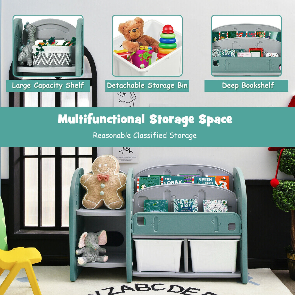 Kids Toy Storage Organizer with 2-Tier Bookshelf and Plastic Bins - Safe, Durable & Kid-Friendly