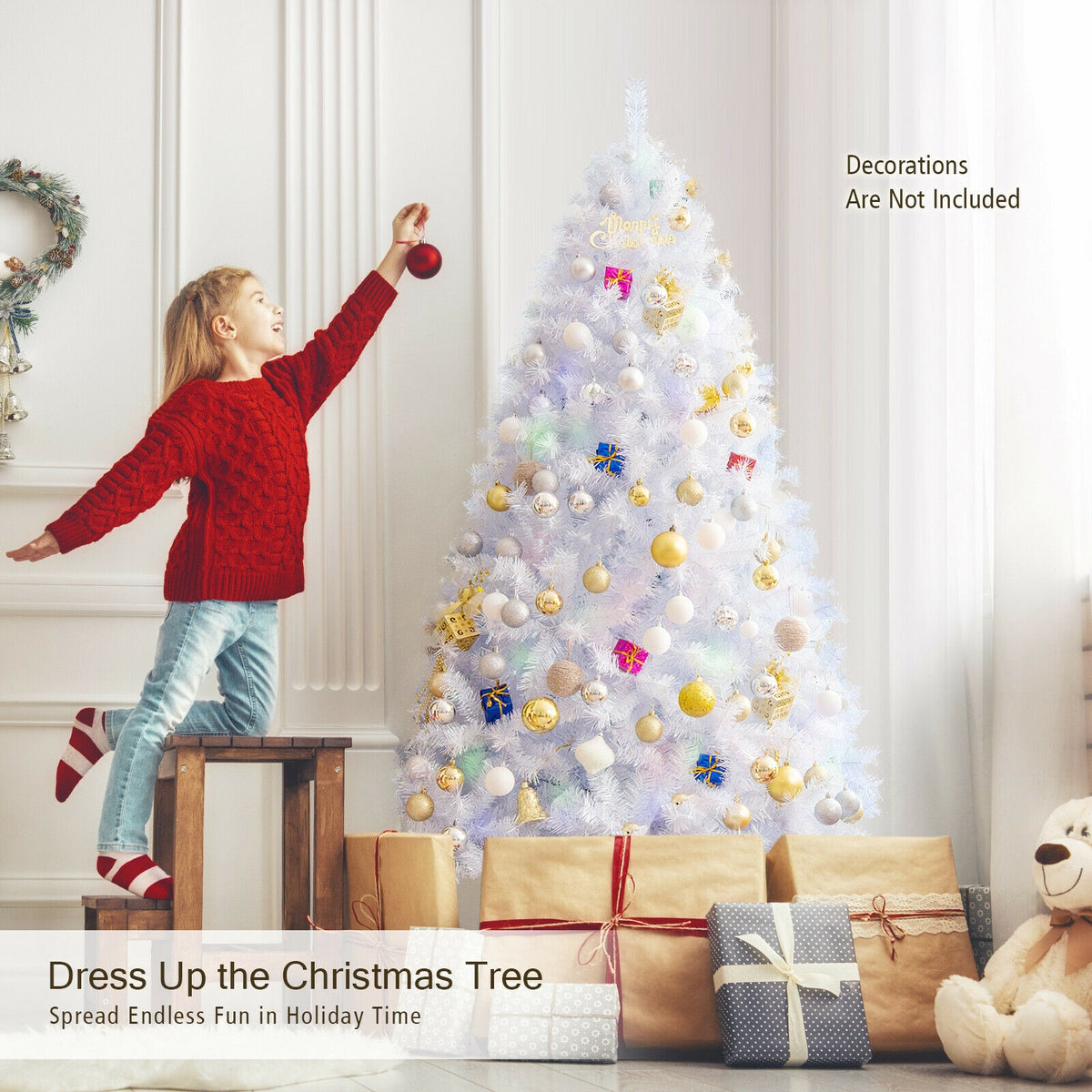 White 6 ft Artificial Christmas Tree with Iridescent Tips & Metal Stand - Foldable & Durable