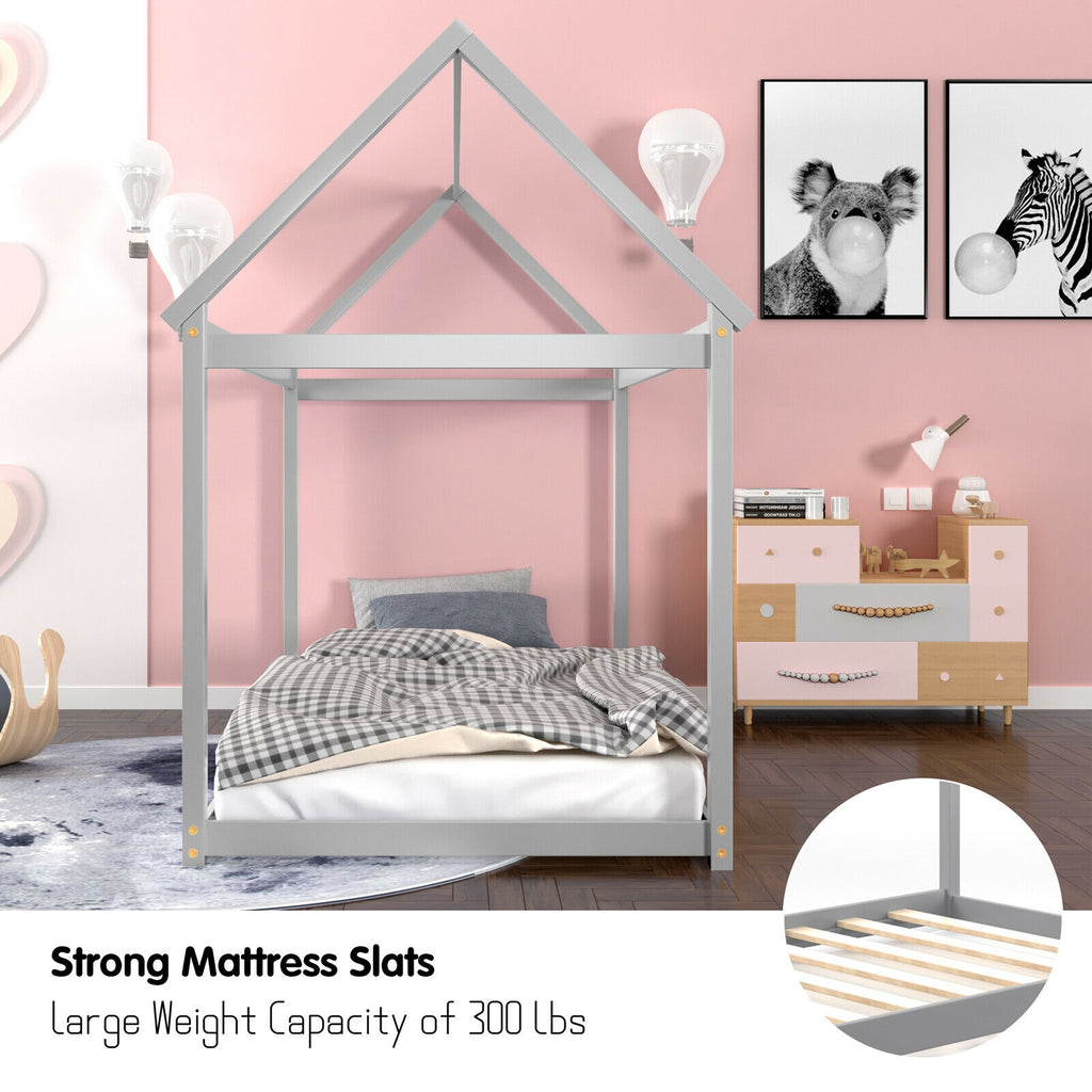 Twin Size Kids House Bed Frame, Wood, Gray