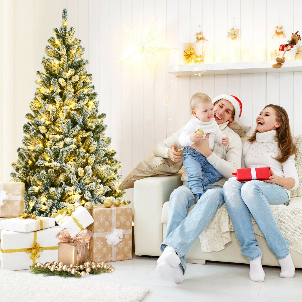 6 Ft Pre-lit Snow Flocked Christmas Tree with Metal Stand - Hinged Design