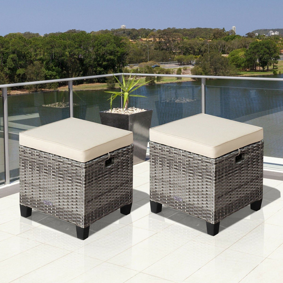 2 Pieces Patio Rattan Ottoman Seat with Removable Cushions