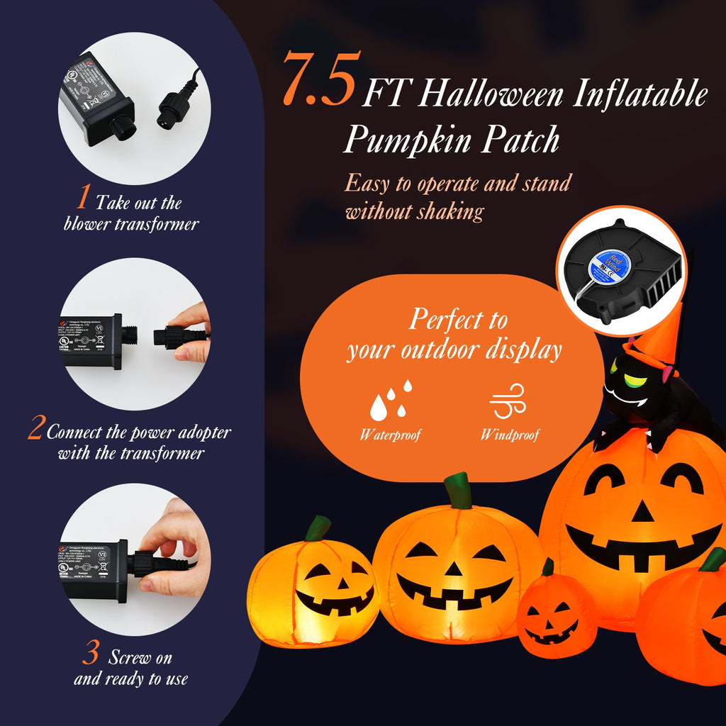 Halloween Inflatable Pumpkin Combo with Witch and Black Cat - 7.5 Feet, Includes Variation of 7 Pumpkins with Cat