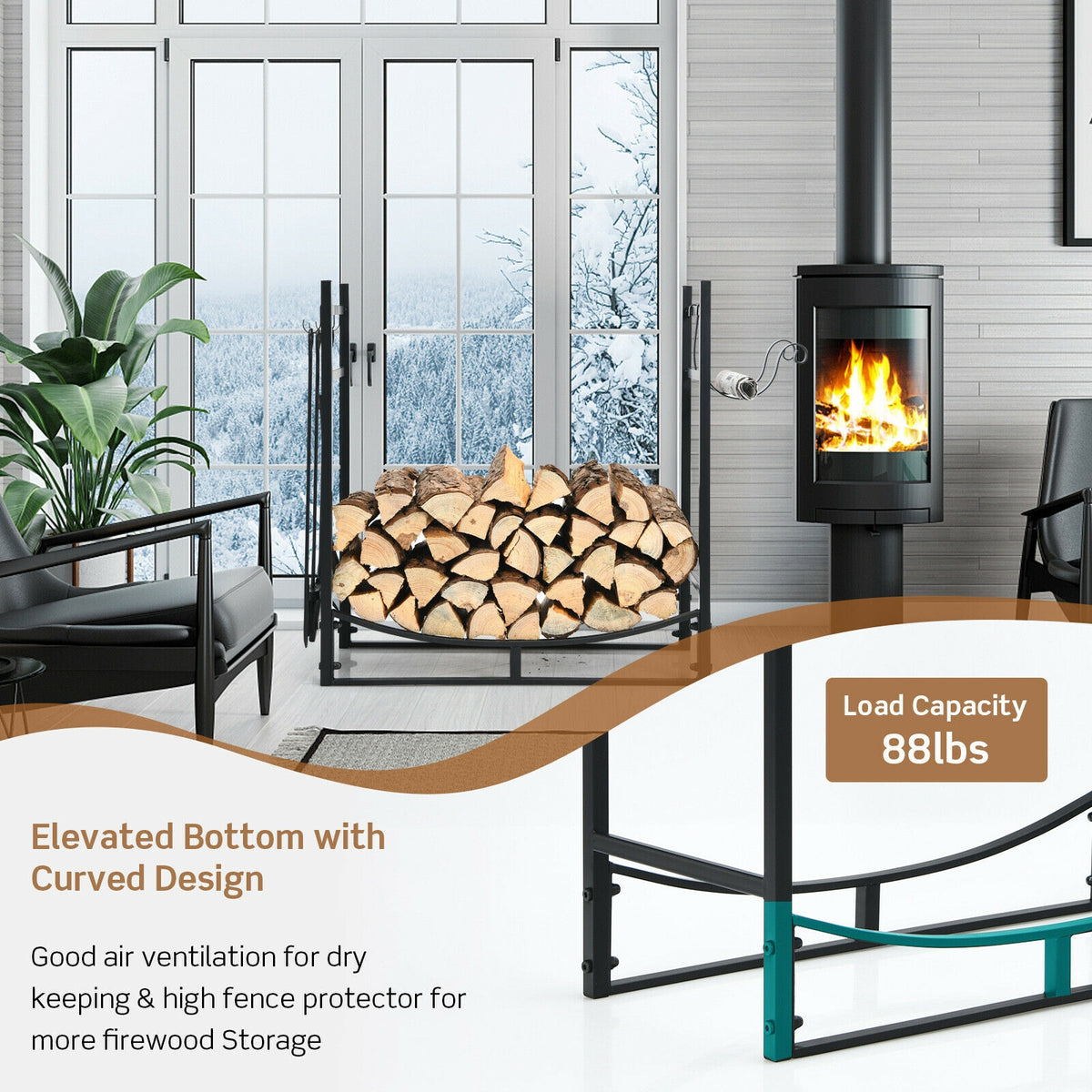 30-Inch Firewood Rack with 4-Tool Set & Kindling Holders
