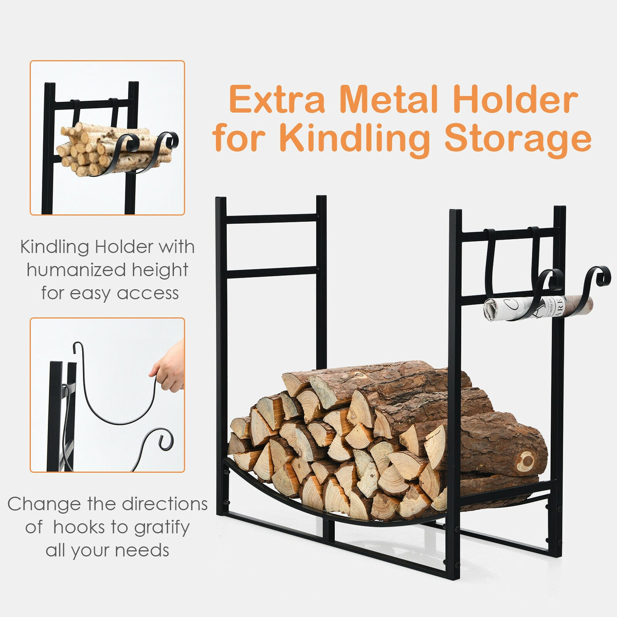 33 Inch Firewood Rack with Removable Kindling Holder Steel Fireplace