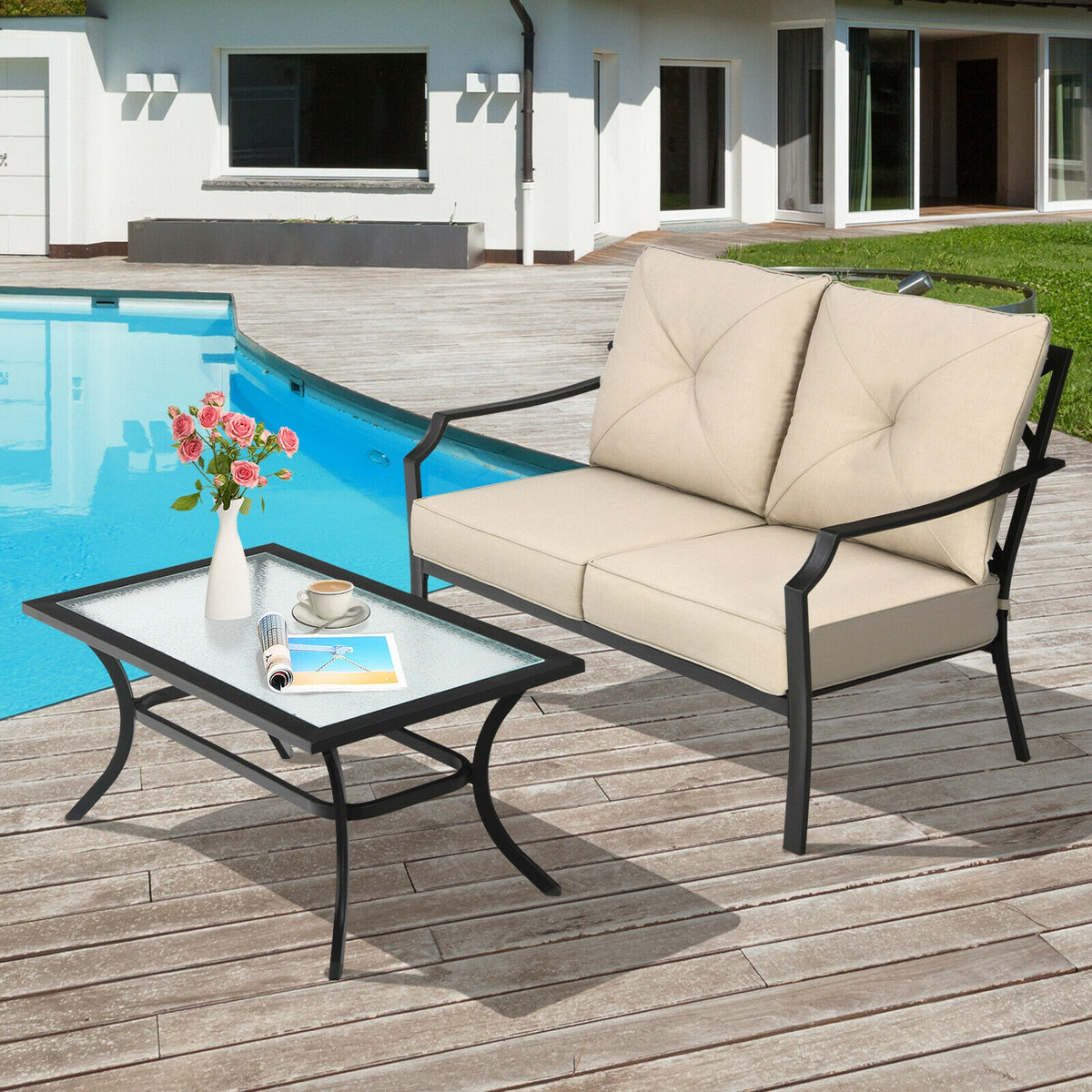 2 Pieces Patio Outdoor Cushioned Sofa Bench with Coffee Table