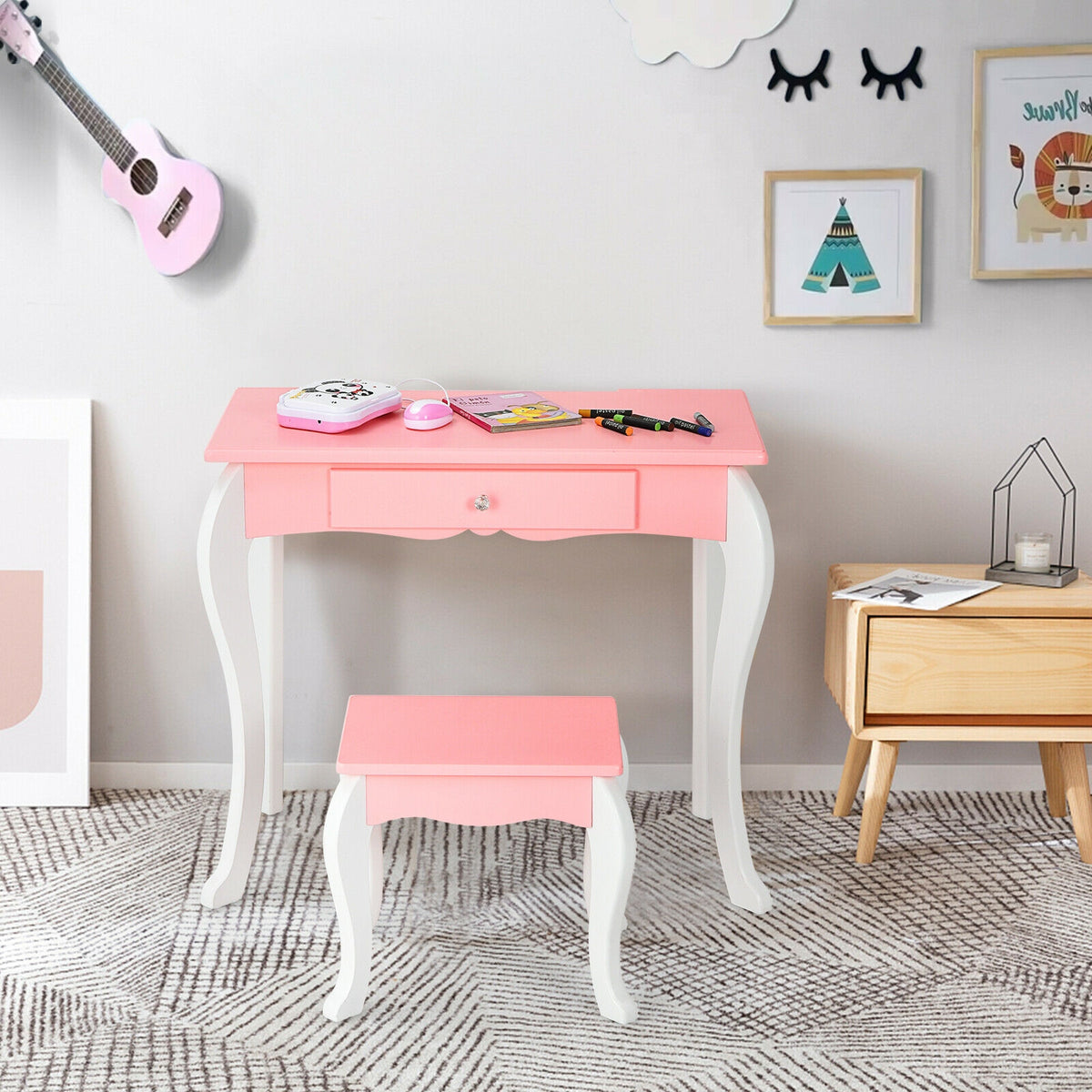 Kids Princess Makeup Dressing Vanity Set with Mirror and Drawer - Pink