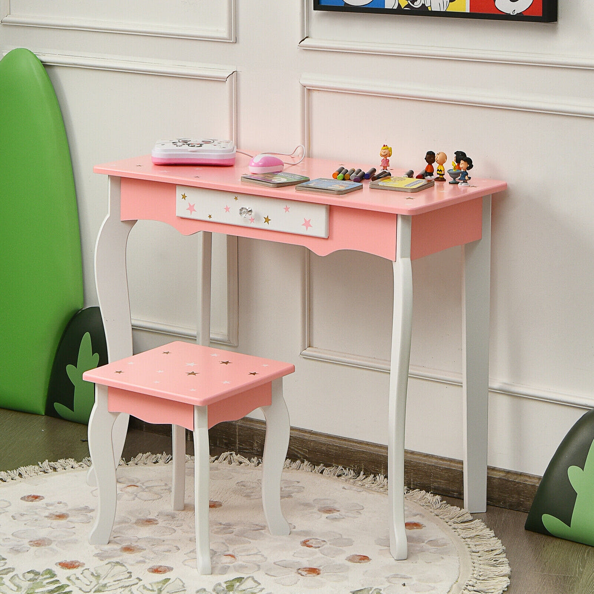 Kids Princess Vanity Table and Stool Set with Tri-Fold Mirror - Pink - Kids Bedroom Furniture