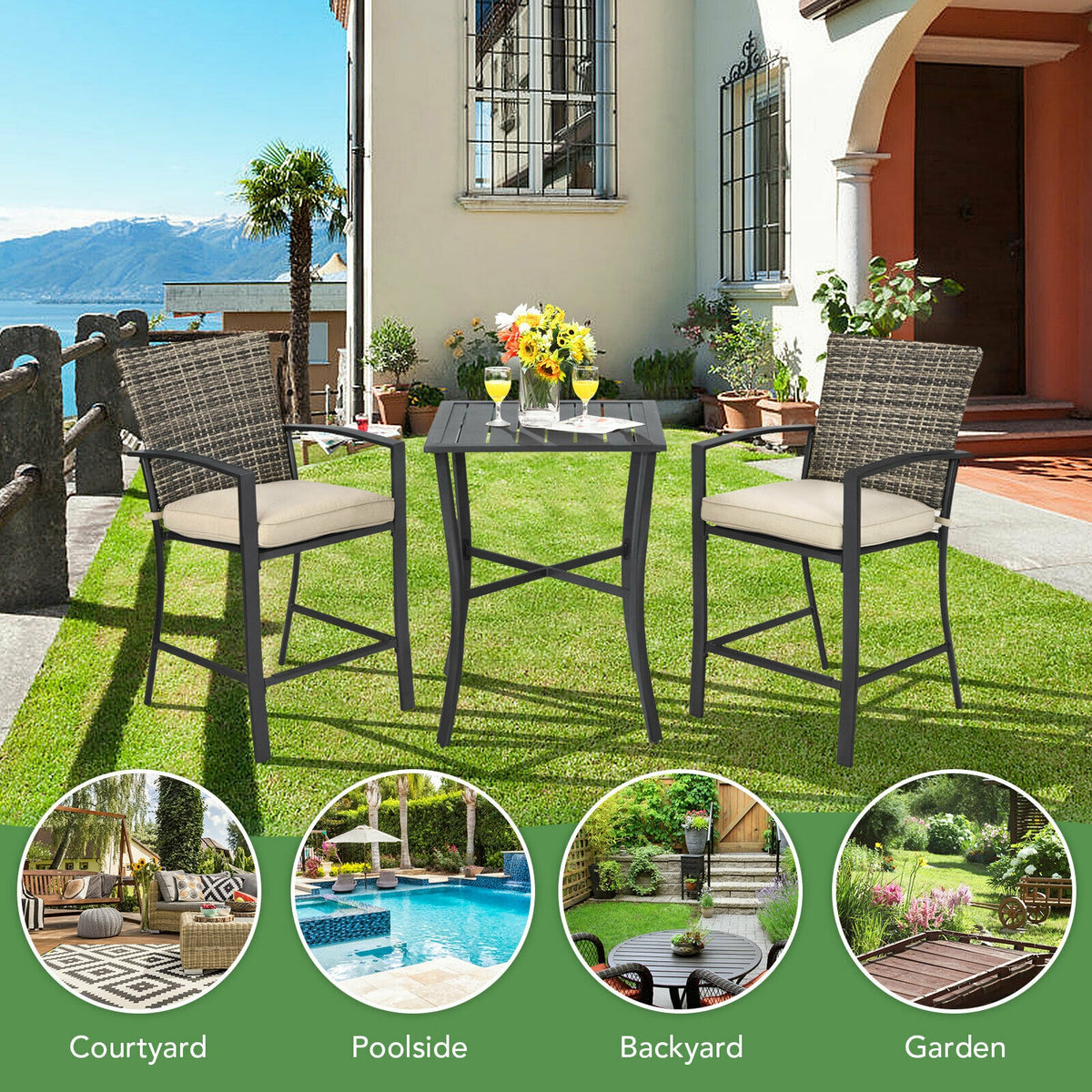 3 Pieces Rattan Bar Furniture Set with Slat Table and 2 Cushioned