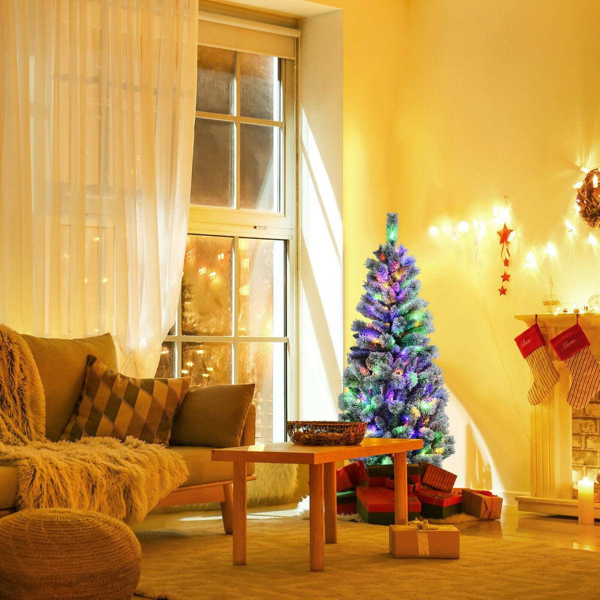 5/6/7.5/8 Feet Pre-lit Snow Flocked Christmas Tree with 9 Lighting Modes - Foldable & Sturdy Stand