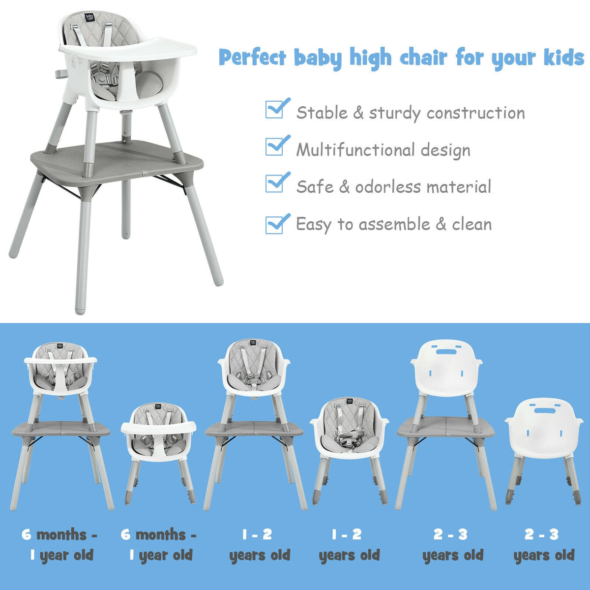 4-in-1 Baby Convertible Toddler Table Chair Set with PU Cushion - Gray