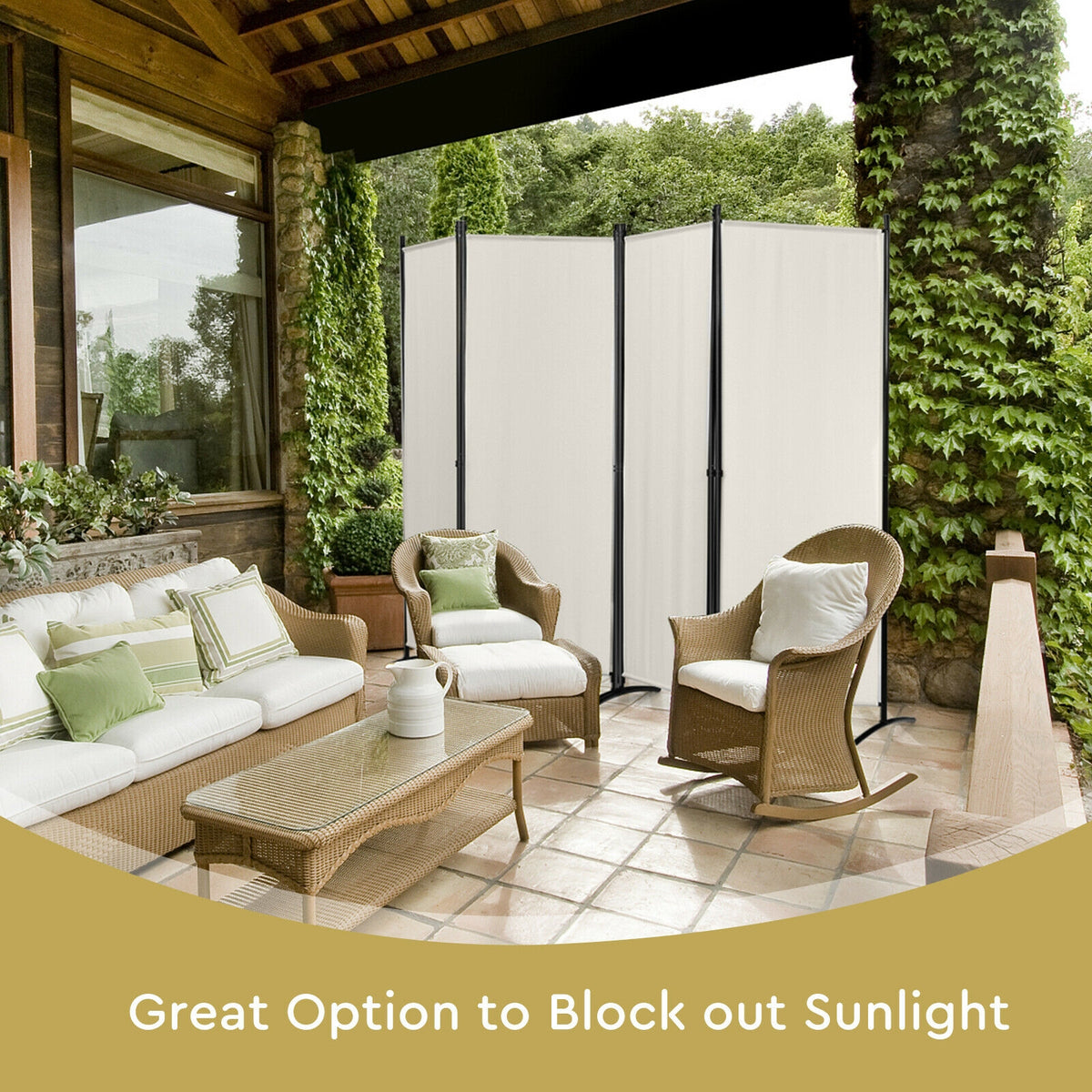 4-Panel Room Divider with Steel Frame - 5.6 Feet, White, Indoor & Outdoor Privacy Screen - Costway