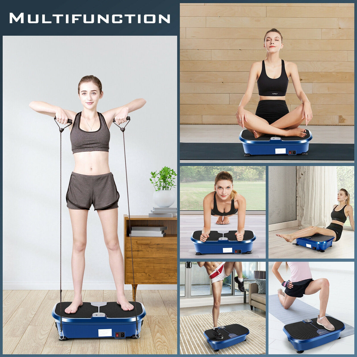 Mini Vibration Plate Exercise Machine with Remote & Loop Bands - 9 Presets, Blue, Compact Fitness Equipment